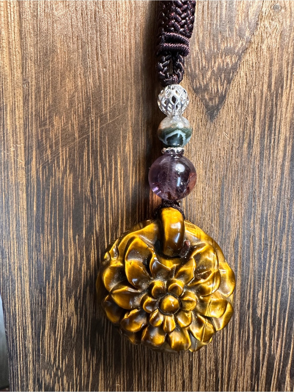 Tiger’s Eye Flower Pendant Necklace with Amethyst and Agate on Brown Rope - Picture 13 of 14